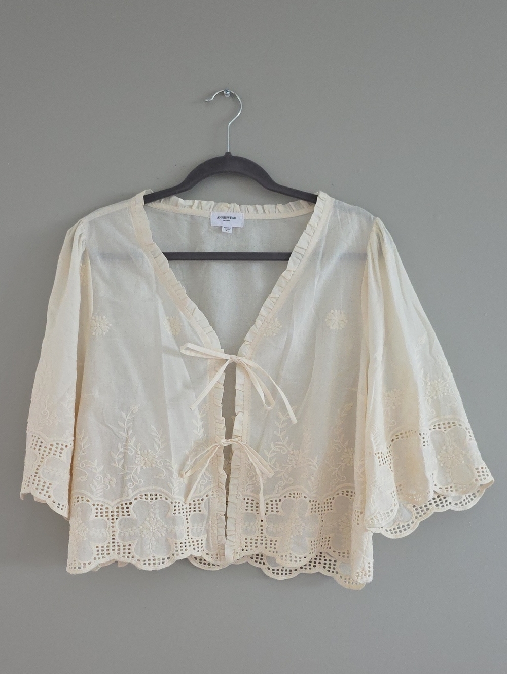 Anniewear Cream Embroidered Tie-Front Cotton Blouse